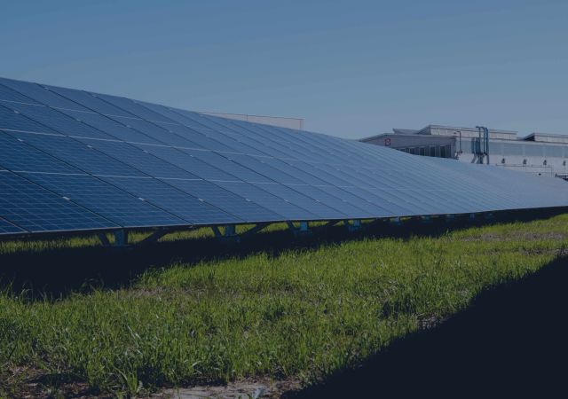 Serie di stringhe fotovoltaiche di un impianto fotovoltaico a terra installato su un terreno inutilizzato in aperta campagna.