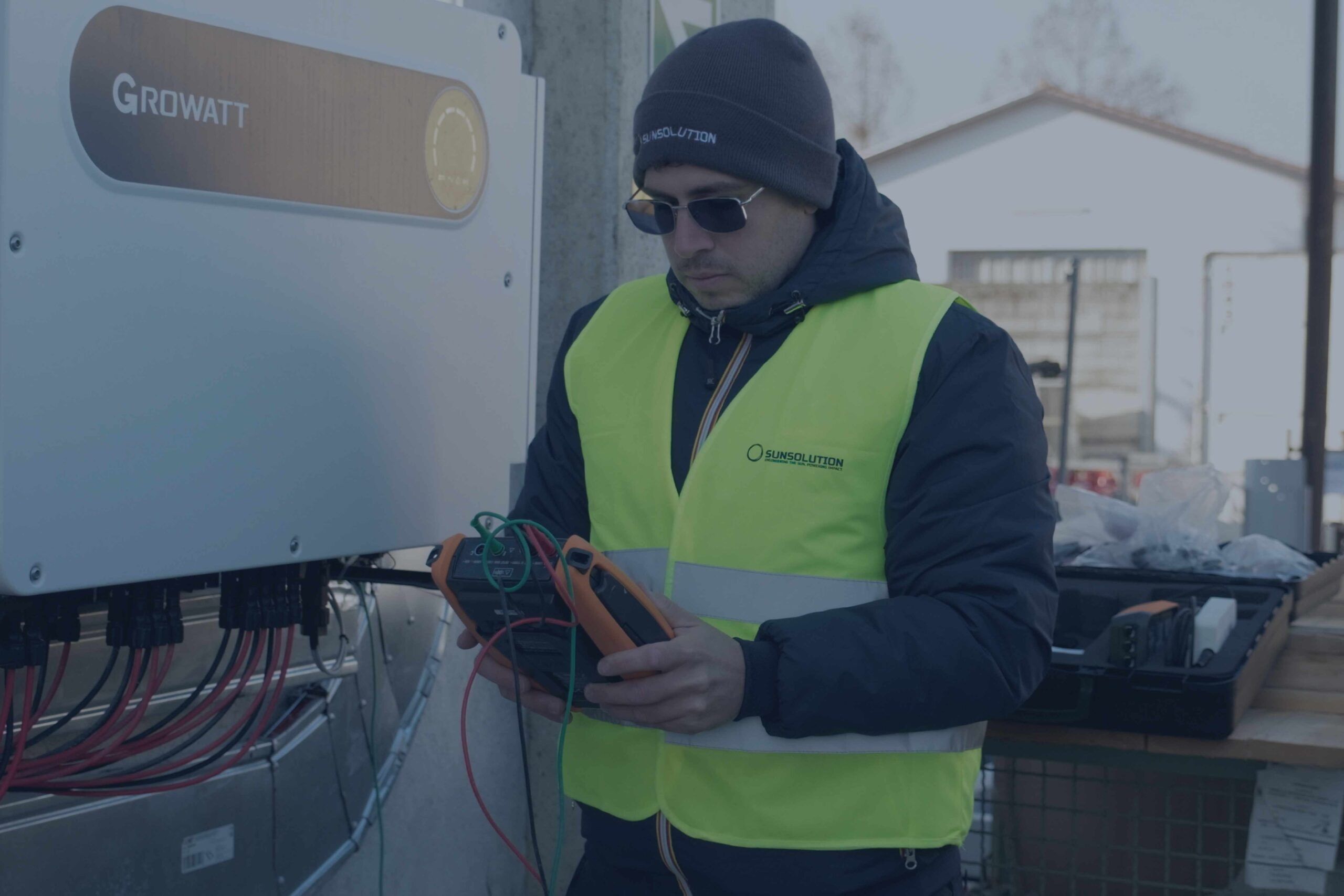 Tecnico che sta monitorando il funzionamento dell'impianto fotovoltaico attraverso l'app di monitoraggio presente sul tablet.