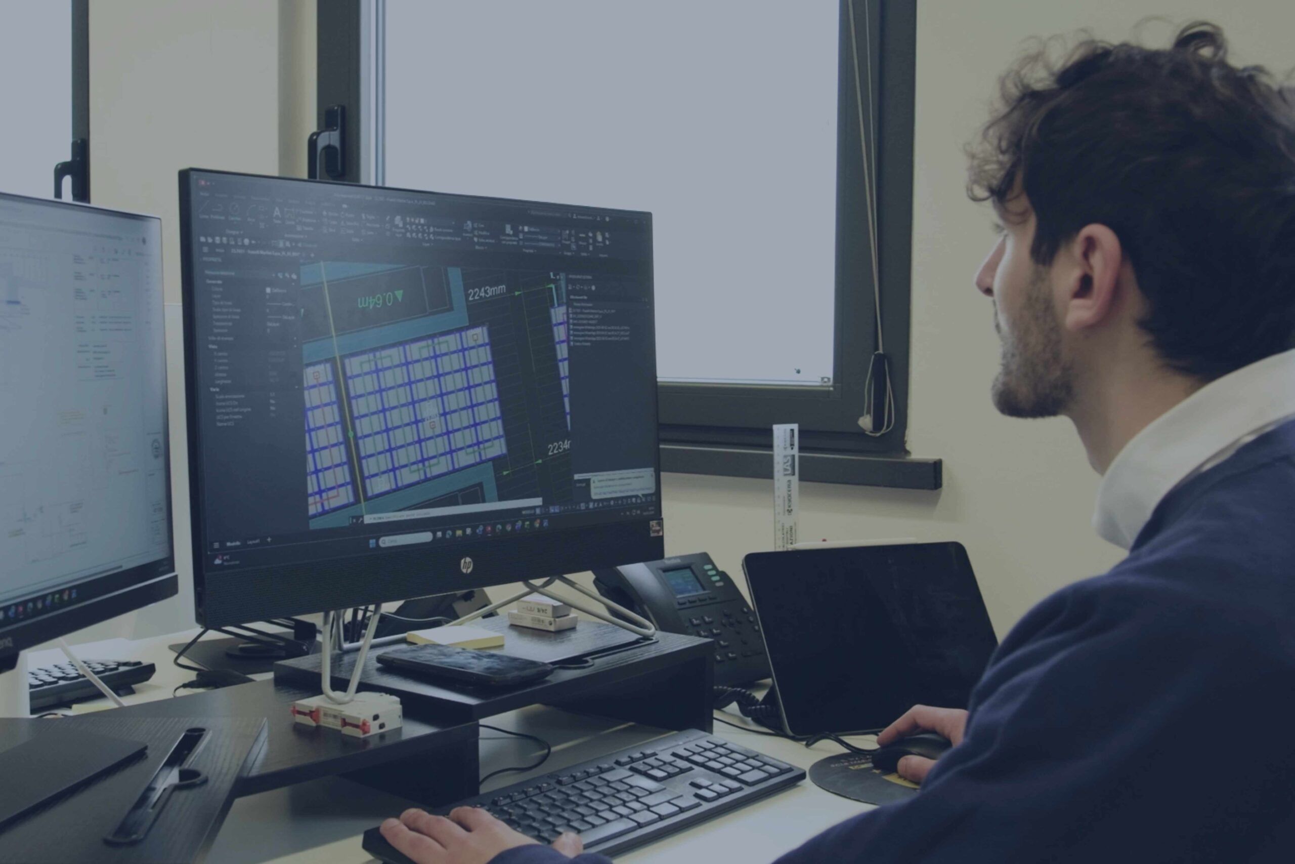 Un caschetto bianco da cantiere appoggiato su una planimetria semi avvolta adagiata su un tavolo da lavoro in un cantiere.